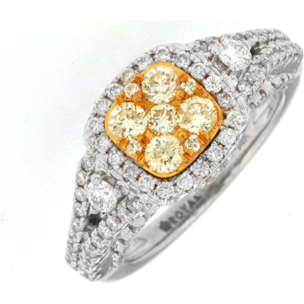 14K White Gold Ring with Cluster-Set Yellow Diamonds and Round White Diamonds - 1.30 Carats Total Diamond Weight