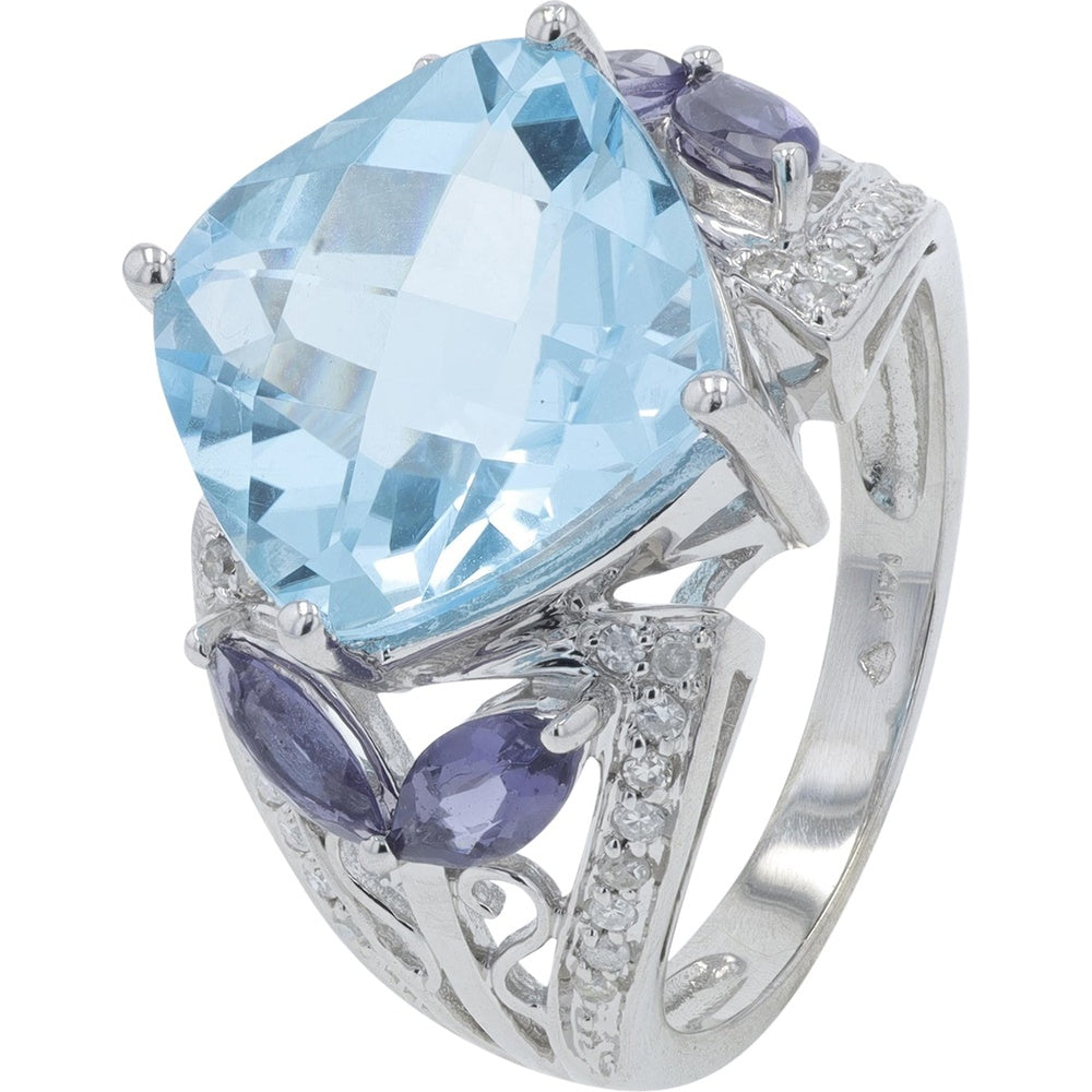14K White Gold Ring with Cushion Cut Blue Topaz and Marquise Iolite Accents - 0.18 Carat Total Diamond Weight