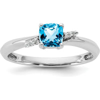 14K White Gold Ring with Cushion-Cut Blue Topaz and Round Diamonds in Polished Rhodium Finish by 0