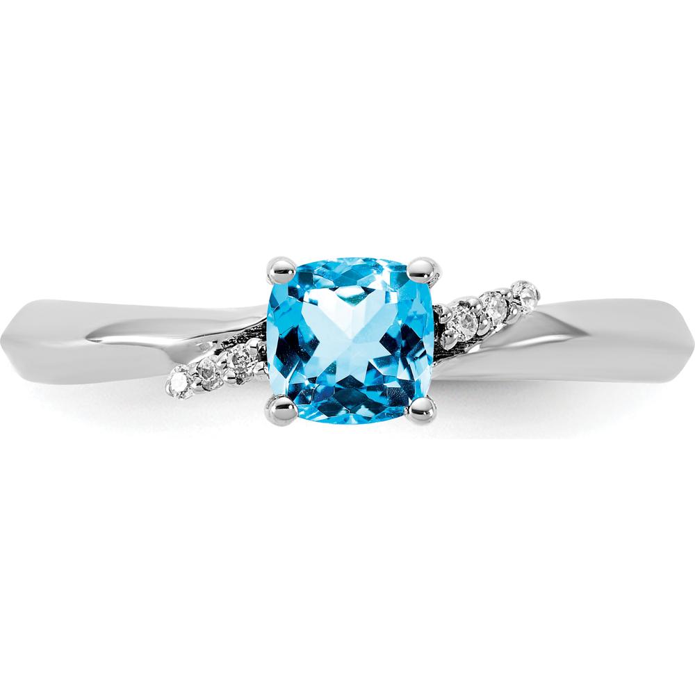14K White Gold Ring with Cushion-Cut Blue Topaz and Round Diamonds in Polished Rhodium Finish by 0