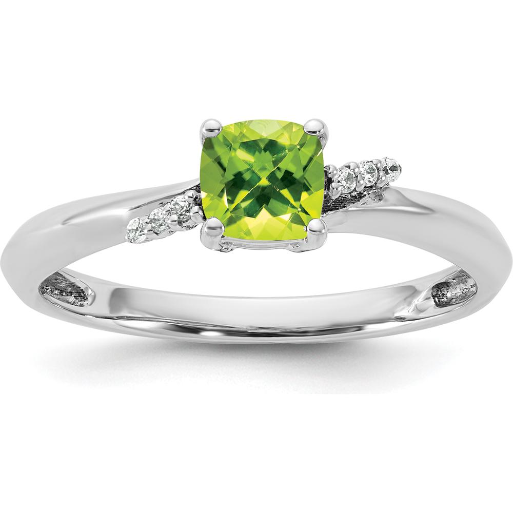 14K White Gold Ring with Cushion-Cut Peridot and Round Diamond Accents by 0