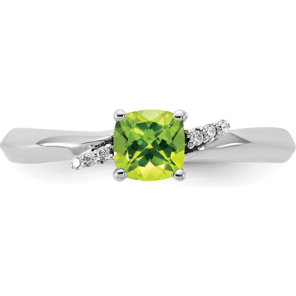 14K White Gold Ring with Cushion-Cut Peridot and Round Diamond Accents by 0
