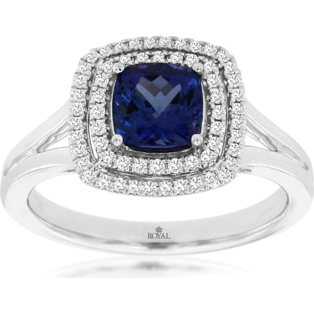 14K White Gold Ring with Cushion-Cut Tanzanite and Double Halo Diamonds - 1.10 Carat Tanzanite, 0.20 Carat Total Diamond Weight - Royal Jewelry