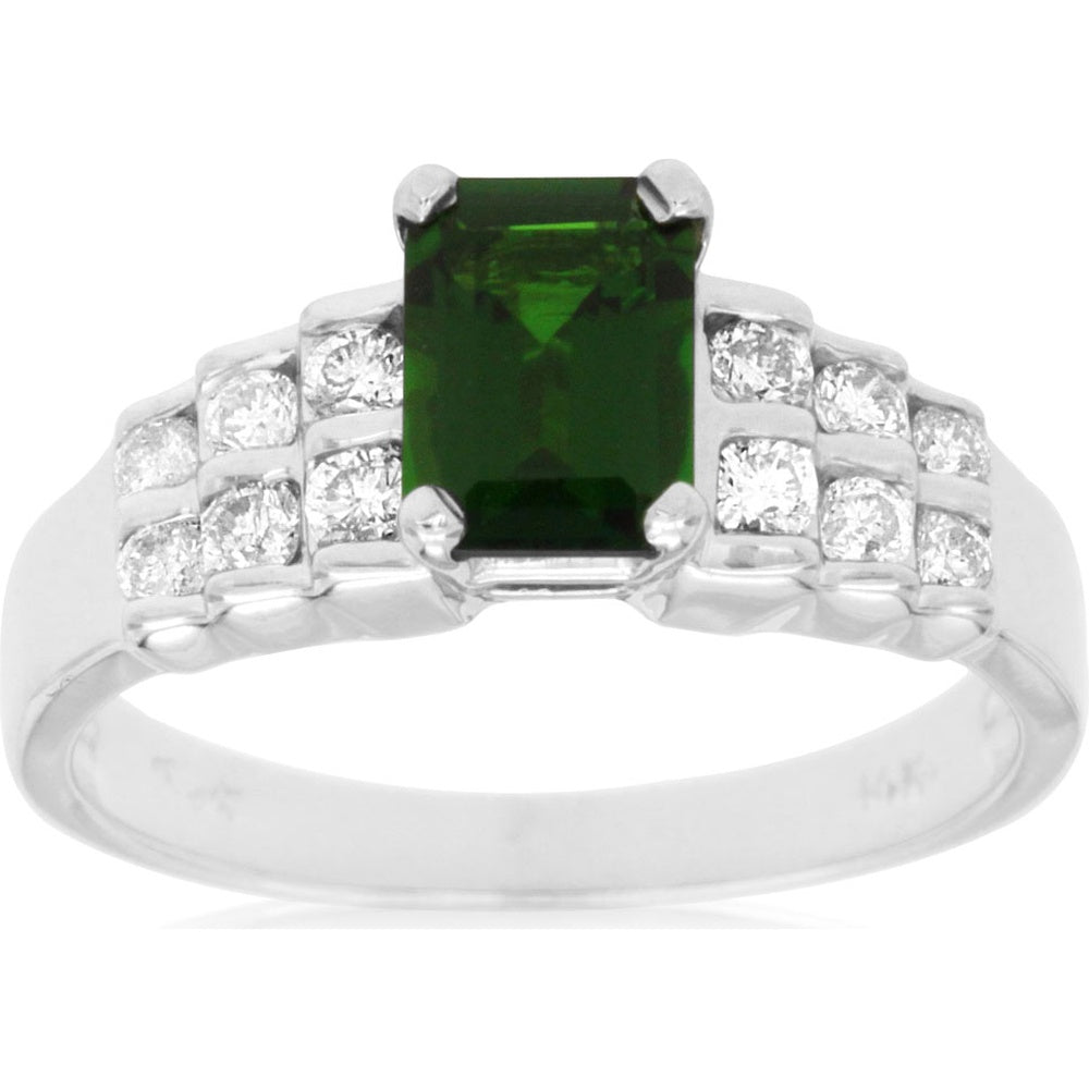 14K White Gold Ring with Emerald Cut Russalite and Diamond Accents - 1.00 Carat Russalite and 0.33 Carat Total Diamond Weight - Royal Jewelry