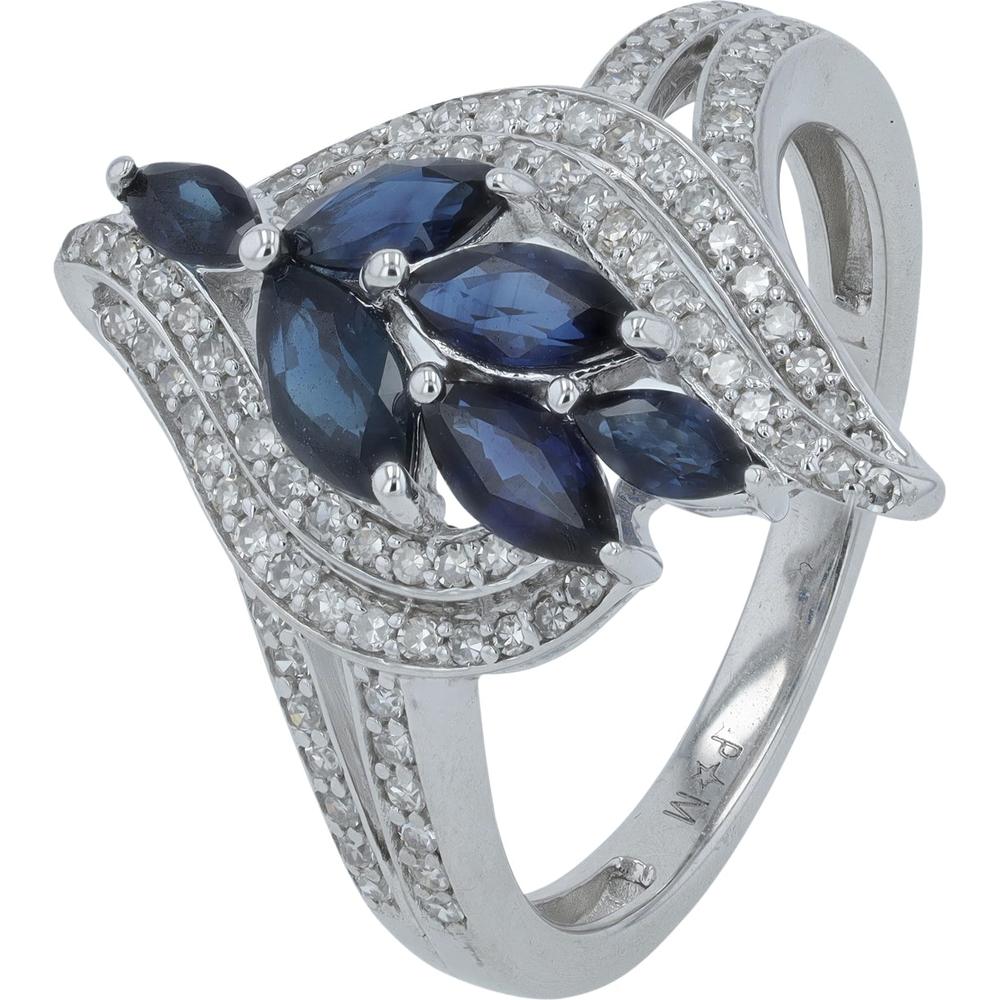 14K White Gold Ring with Marquise-Cut Sapphire and Diamond Pavé - 0.33 Carat Total Diamond Weight