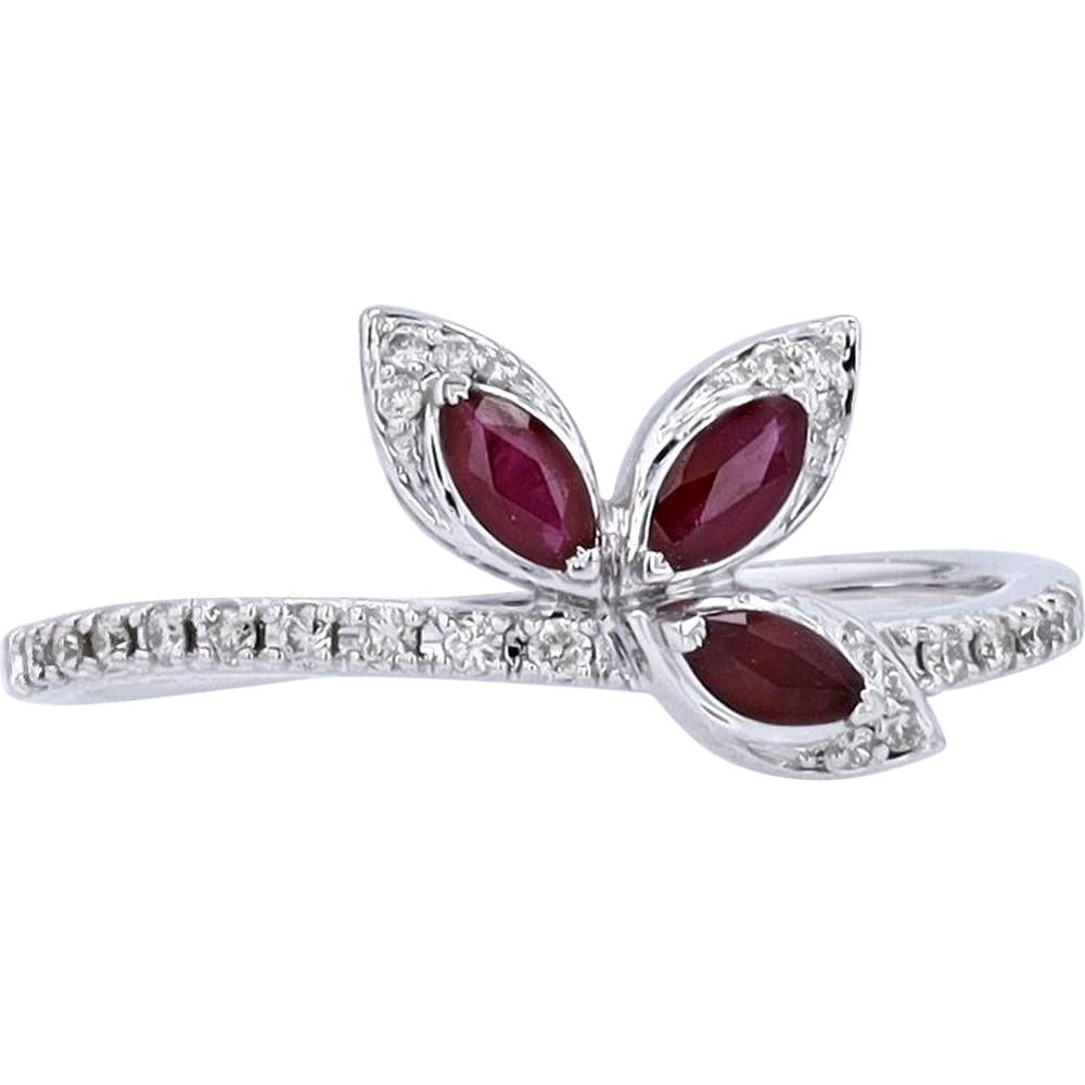 14K White Gold Ring with Marquise Ruby and Diamond Fan Design - 0.33 Carats Ruby, 0.10 Carats Diamond
