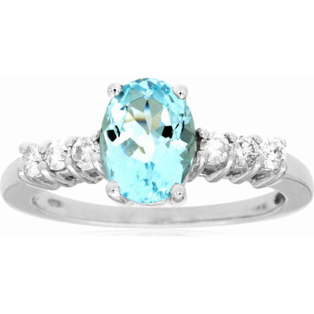 14K White Gold Ring with Oval Aquamarine and Diamond Accents - 1.10 Carat Aquamarine, 0.24 Carat Total Diamond Weight - Royal Jewelry