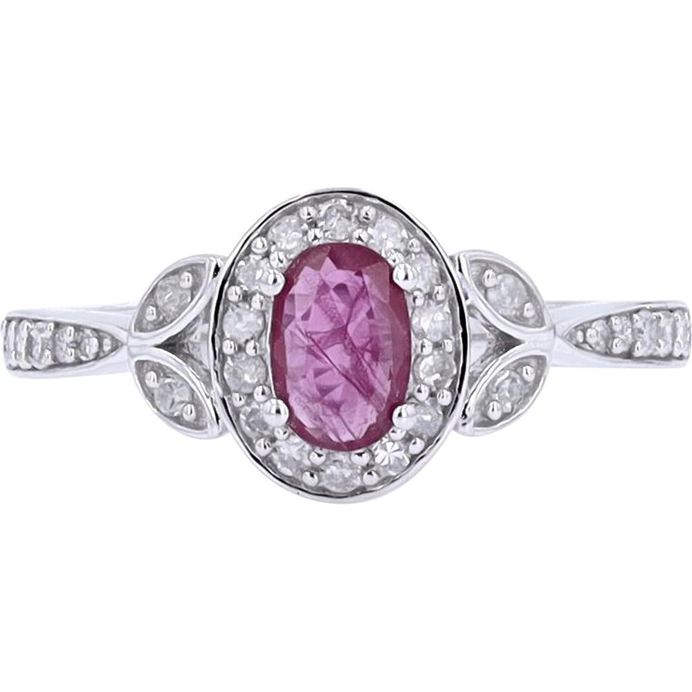 14K White Gold Ring with Oval-Cut Ruby and Diamond Halo - 1/3 Total Carat Diamond Weight
