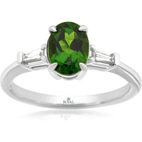 14K White Gold Ring with Oval Green Russalite and Tapered Diamond Side Accents - 1.30 Carat Russalite & 0.11 Carat Total Diamond Weight - Royal Jewelry