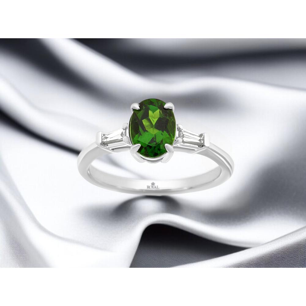 14K White Gold Ring with Oval Green Russalite and Tapered Diamond Side Accents - 1.30 Carat Russalite & 0.11 Carat Total Diamond Weight - Royal Jewelry