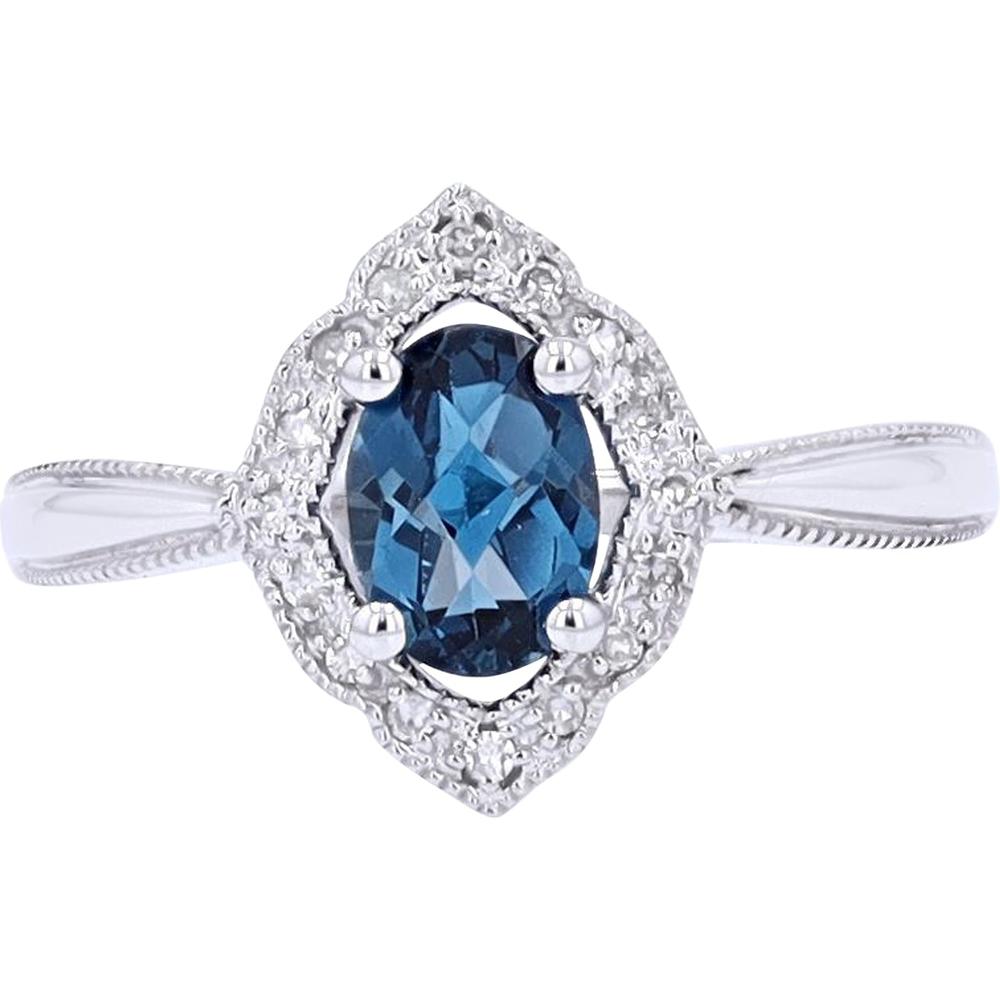 14K White Gold Ring with Oval London Blue Topaz and Diamond Halo - 0.10 Carats Total Diamond Weight