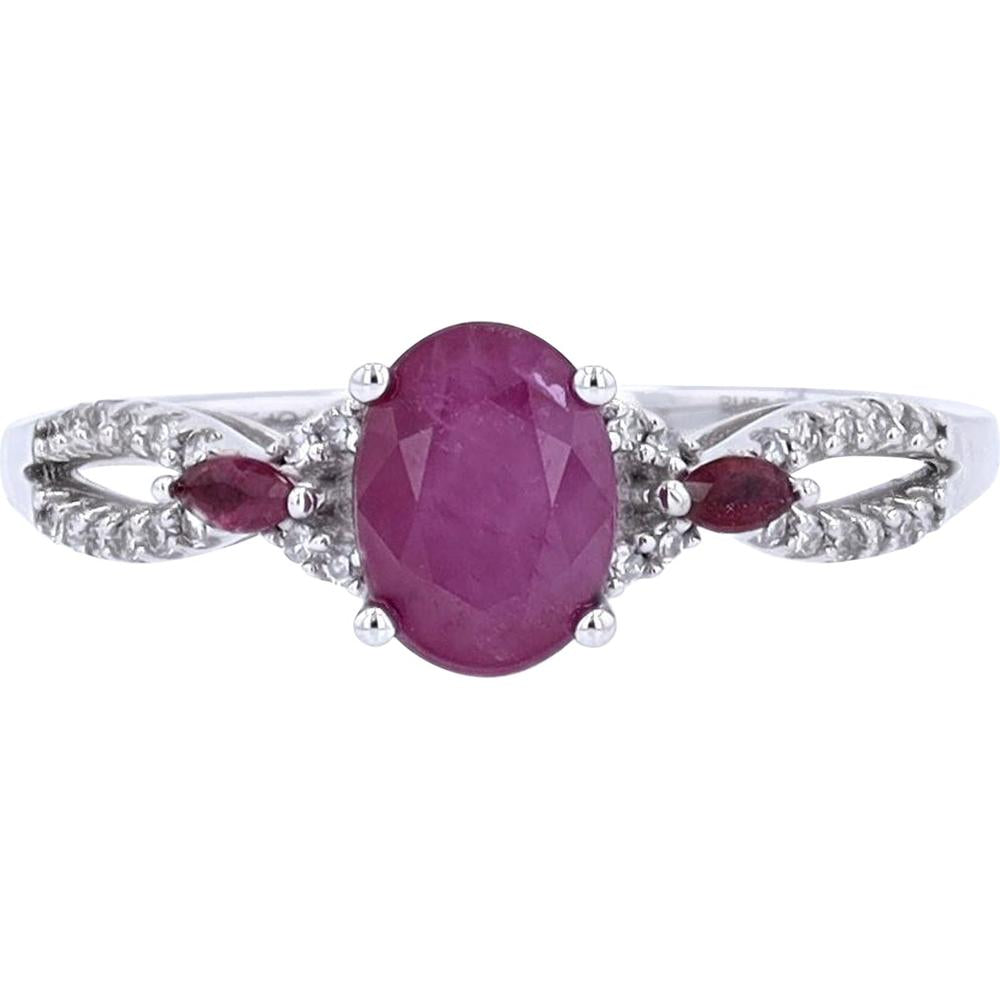 14K White Gold Ring with Oval Ruby and Diamond Accents - 0.10 Carats Total Diamond Weight