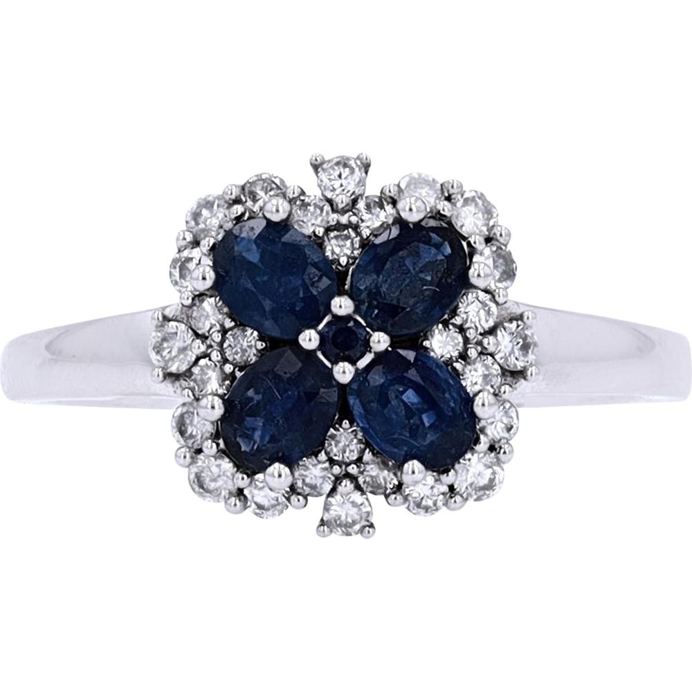 14K White Gold Ring with Oval Sapphire Cluster and Round Diamond Accents - 0.85 Carat Sapphires & 0.27 Carat Total Diamond Weight