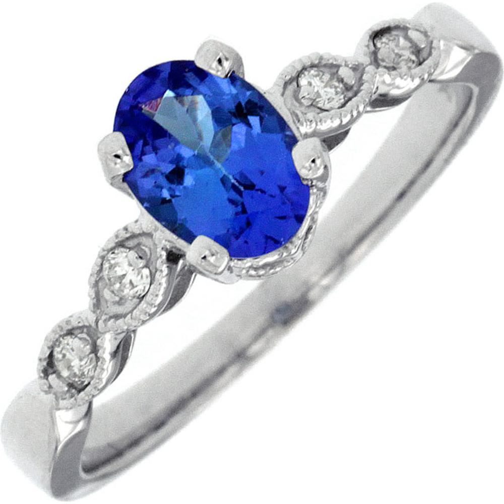14K White Gold Ring with Oval Tanzanite and Diamond Accent Details - 0.85 Carat Tanzanite & 0.08 Carat Diamond Weight - Royal Jewelry