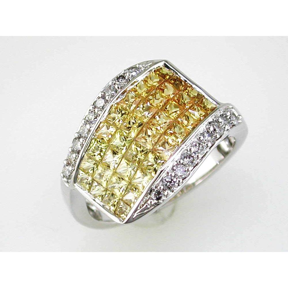 14K White Gold Ring with Princess Cut Yellow Sapphire and Round Diamonds - 2.25 Carats Total Gem Weight