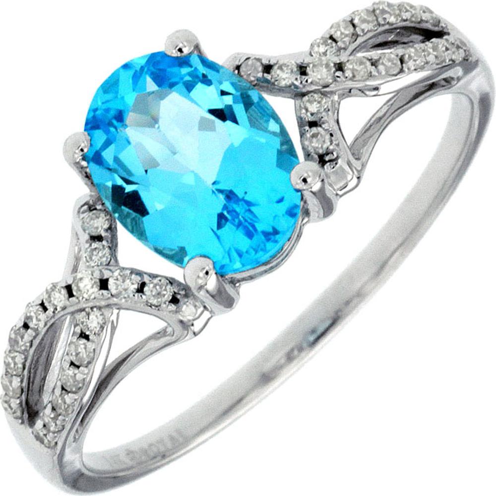 14K White Gold Ring with Prong-Set Oval Blue Topaz and Diamond Accent Split Shank - 1.45 Carat Blue Topaz & 0.14 Carat Total Diamond Weight - Royal Jewelry