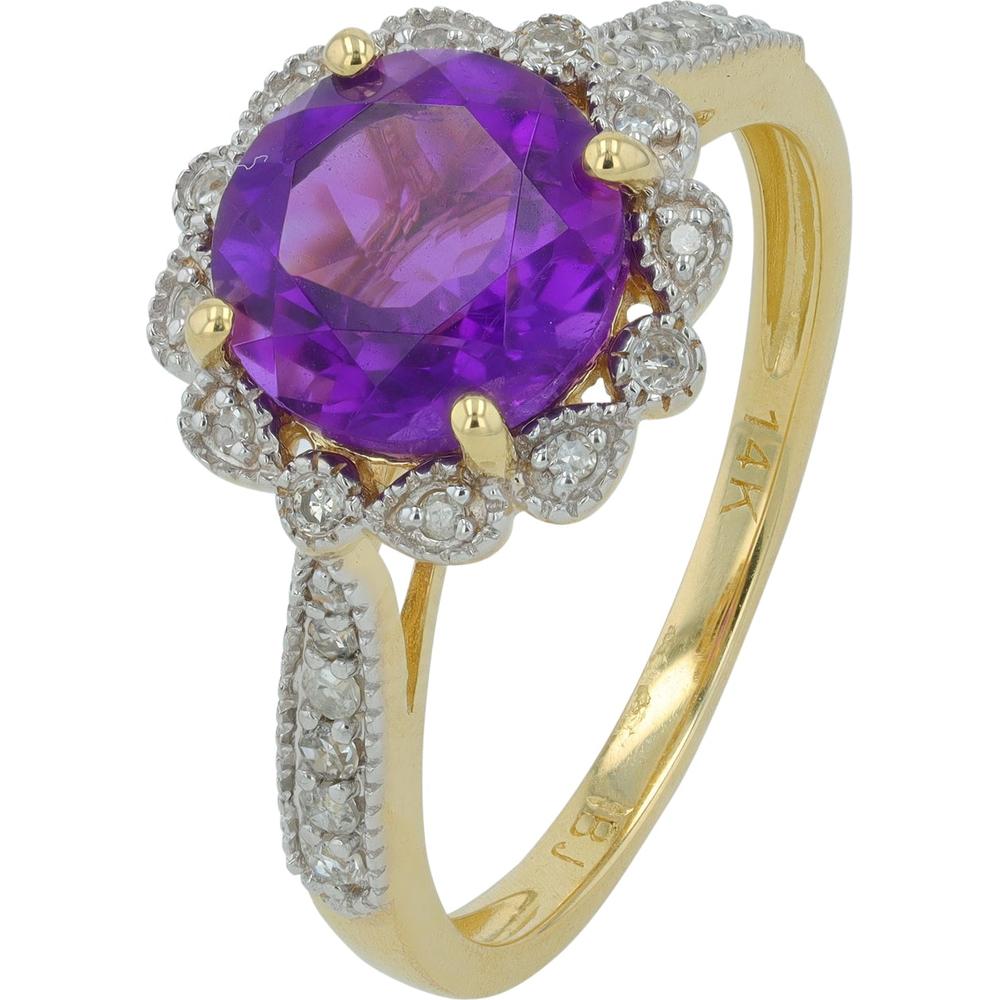 14K White Gold Ring with Round Amethyst and Milgrain Diamond Halo - 0.16 Carats Total Diamond Weight