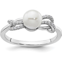 14K White Gold Ring with Round White Freshwater Cultured Pearl and 1/10 Carat Natural Diamonds by 0