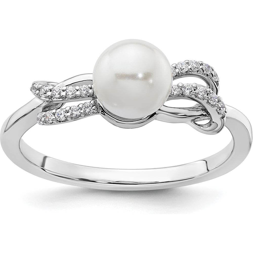 14K White Gold Ring with Round White Freshwater Cultured Pearl and 1/10 Carat Natural Diamonds by 0