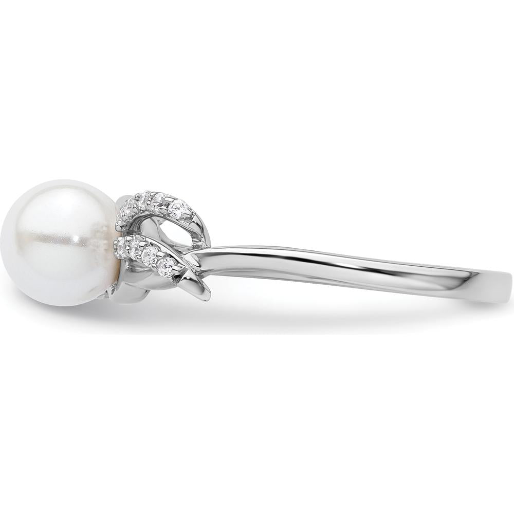 14K White Gold Ring with Round White Freshwater Cultured Pearl and 1/10 Carat Natural Diamonds by 0