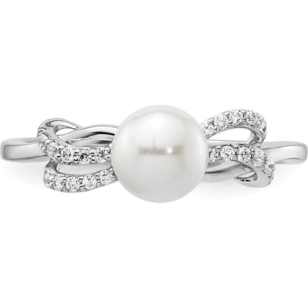 14K White Gold Ring with Round White Freshwater Cultured Pearl and 1/10 Carat Natural Diamonds by 0