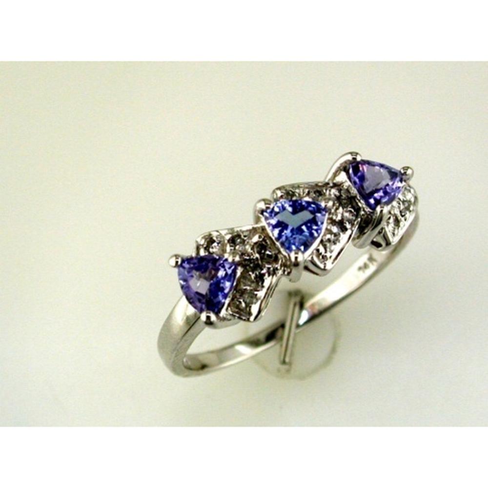 14K White Gold Ring with Three Trillion Cut Tanzanites and Round Diamond Accents - 0.75 Carat Tanzanite & 0.08 Carat Total Diamond Weight - Royal Jewelry