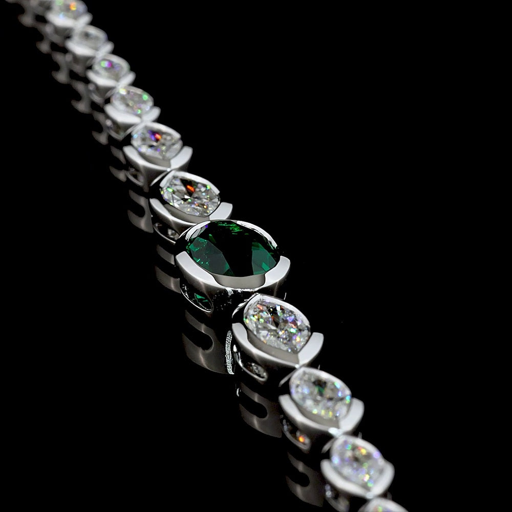 14K White Gold Riviera Bracelet with 1.83 Carats Oval Lab Emerald and Marquise Cut Lab Diamonds in Bezel Setting - 5.49 Total Carat Weight - Covaloro Fine Jewelry