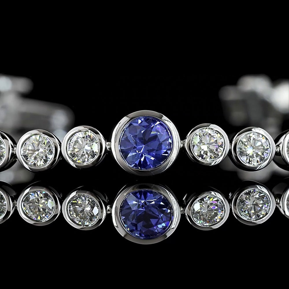 14K White Gold Riviera Bracelet with 35 Bezel Set Round Brilliant Cut Lab Gemstones in Blue - 2.36 Carat Total Weight - Covaloro Fine Jewelry