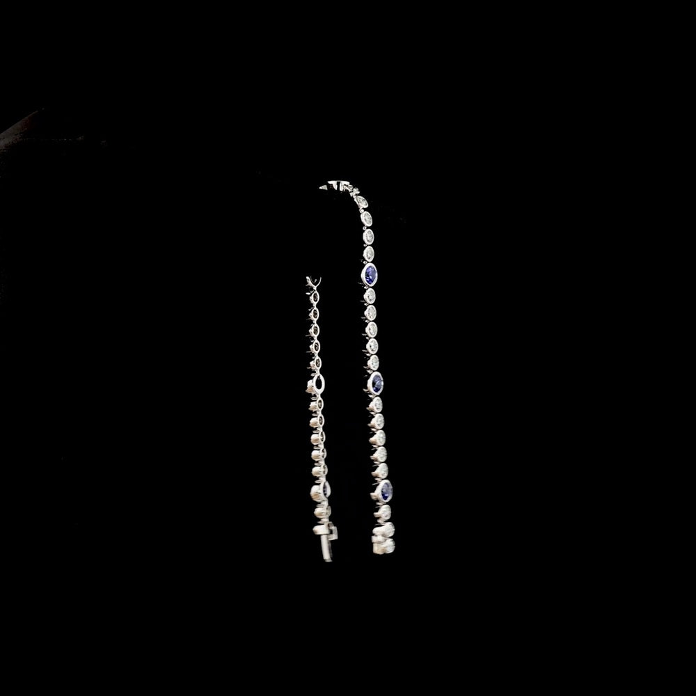 14K White Gold Riviera Bracelet with 35 Bezel Set Round Brilliant Cut Lab Gemstones in Blue - 2.36 Carat Total Weight - Covaloro Fine Jewelry