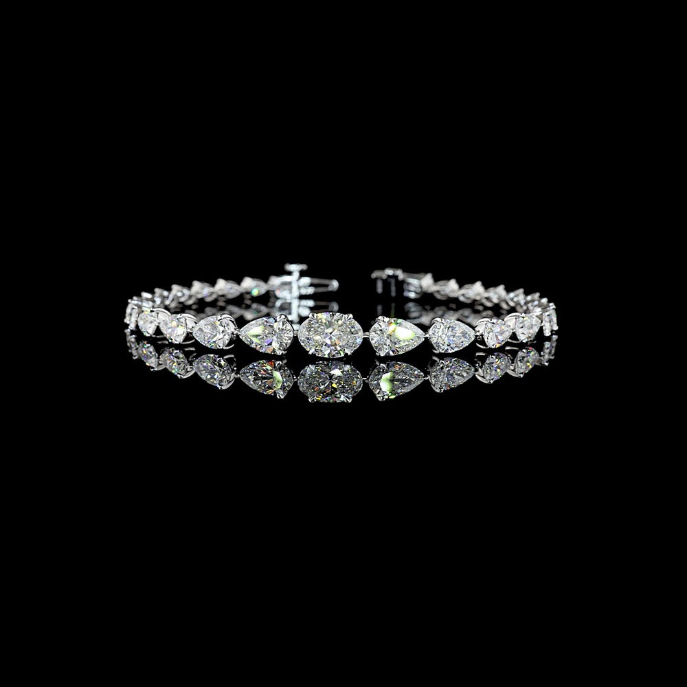 14K White Gold Riviera Bracelet with Oval and Pear Shaped Lab Diamonds - 8.54 Carat Total Weight, East-West Prong Setting - Covaloro Fine Jewelry