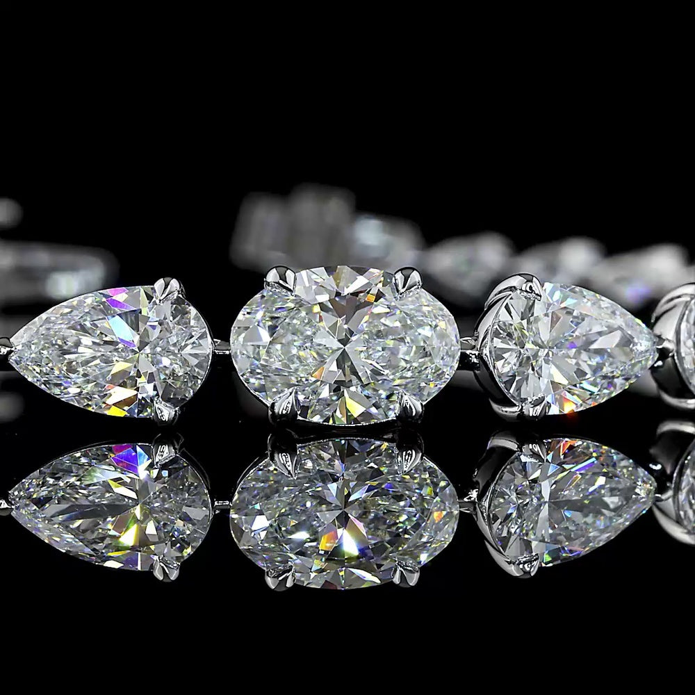 14K White Gold Riviera Bracelet with Oval and Pear Shaped Lab Diamonds - 8.54 Carat Total Weight, East-West Prong Setting - Covaloro Fine Jewelry