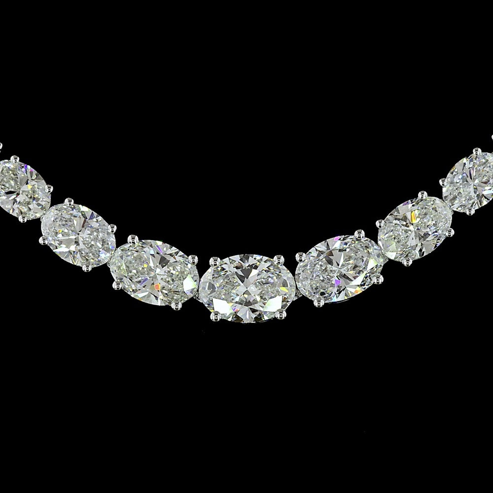 14K White Gold Riviera Necklace with 59 Graduated Oval Cut Lab Diamonds in East-West Setting - 12.33 Carat Total Weight - Covaloro Fine Jewelry
