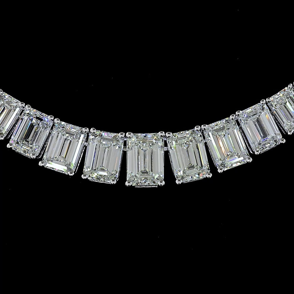 14K White Gold Riviera Necklace with Graduating Emerald Cut Lab Diamonds - 20.43 Carats Total Diamond Weight - Covaloro Fine Jewelry