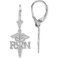 14K White Gold RN Caduceus Drop Leverback Earrings - Polished Rhodium Plating by 0
