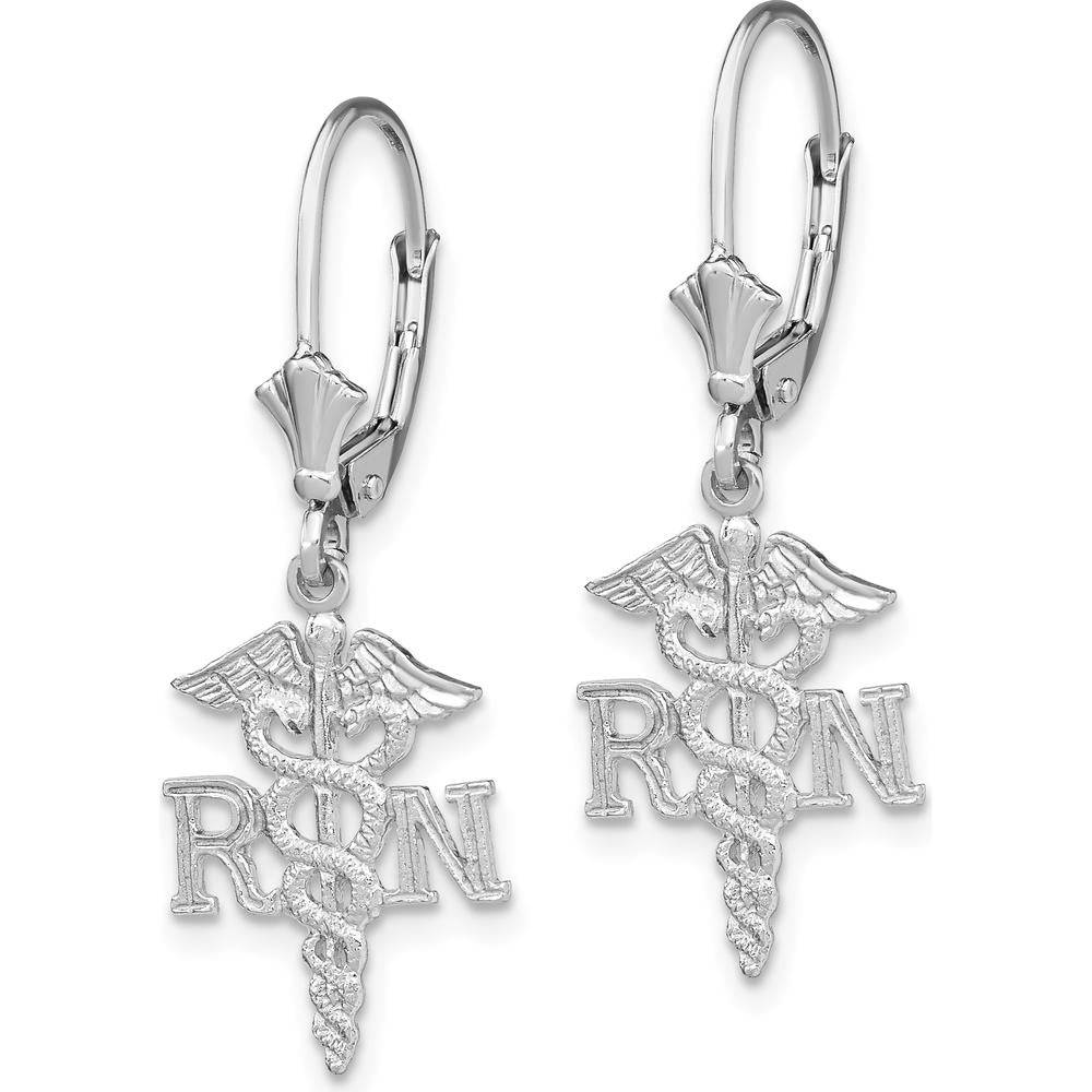 14K White Gold RN Caduceus Drop Leverback Earrings - Polished Rhodium Plating by 0
