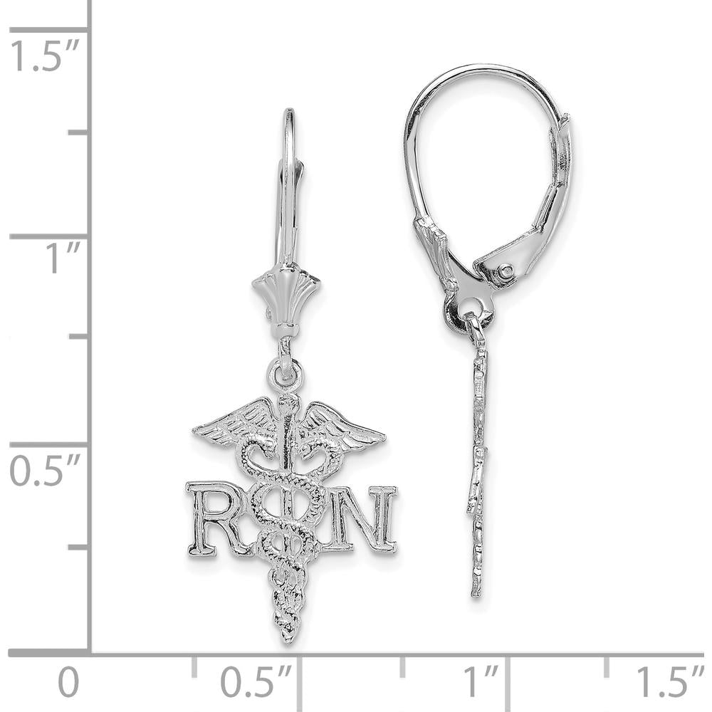 14K White Gold RN Caduceus Drop Leverback Earrings - Polished Rhodium Plating by 0