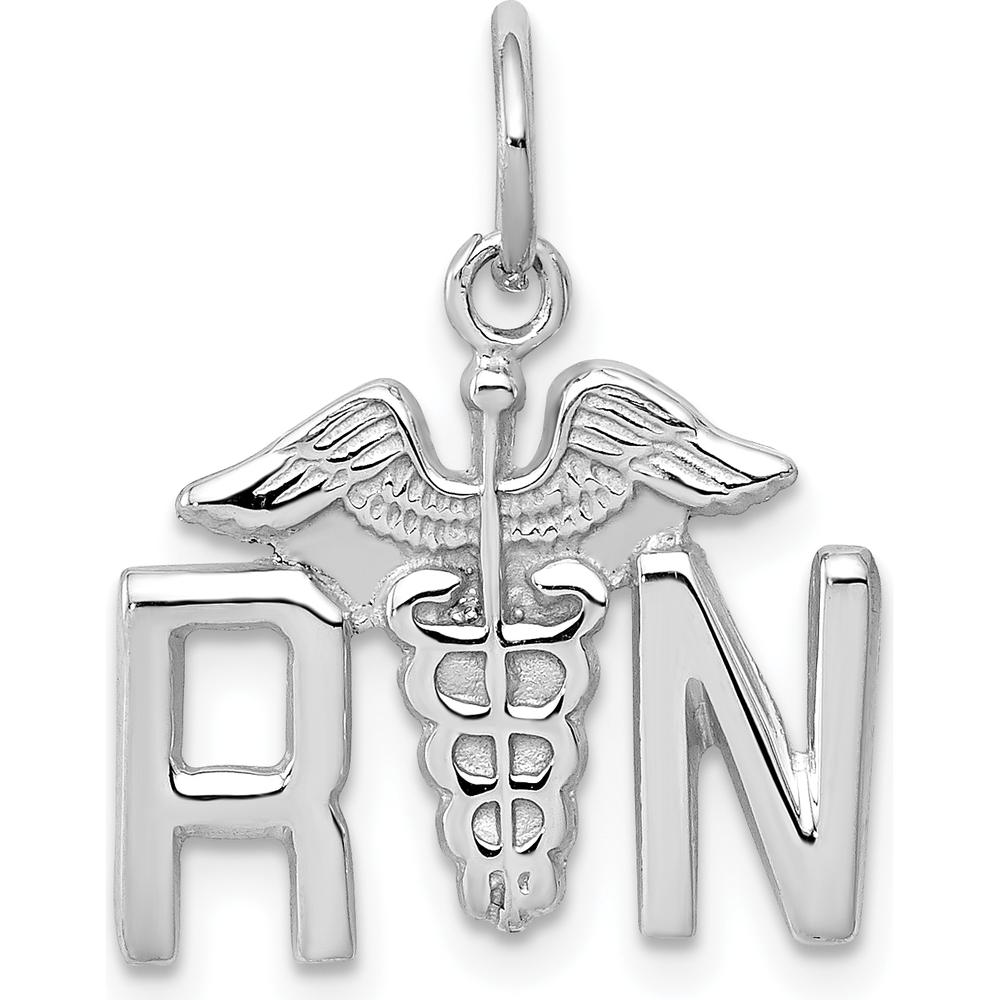 14K White Gold RN Registered Nurse Charm with Polished Caduceus Design - 20mm by Oro Pregiato