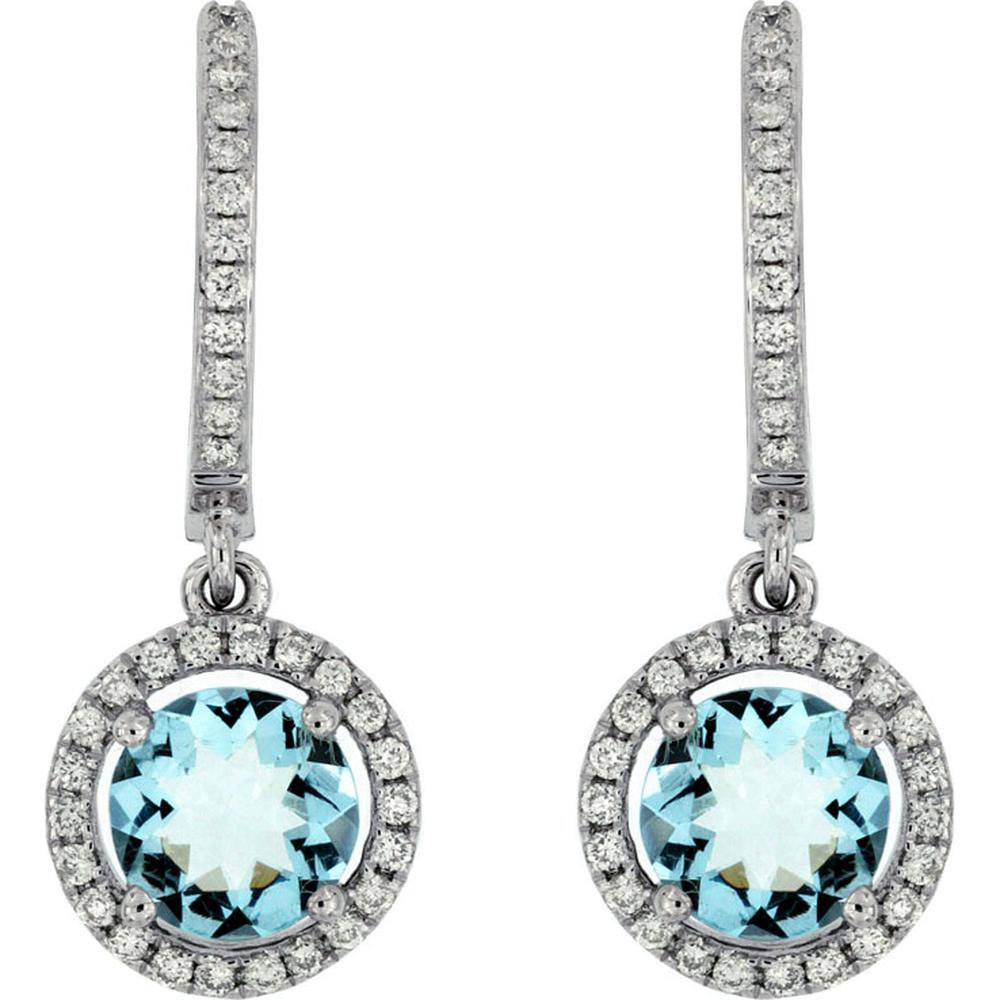 14K White Gold Round Aquamarine and Diamond Halo Drop Earrings - 1.45 Carat Total Aquamarine Weight and 0.26 Carat Total Diamond Weight - Royal Jewelry