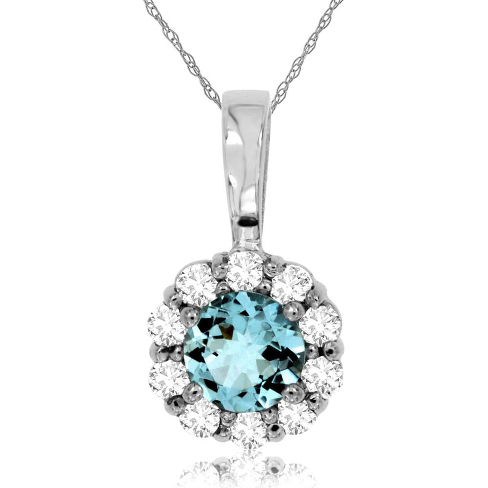 14K White Gold Round Aquamarine and Diamond Halo Pendant - 0.55 Carat Aquamarine, 0.30 Carat Total Diamond Weight - Royal Jewelry