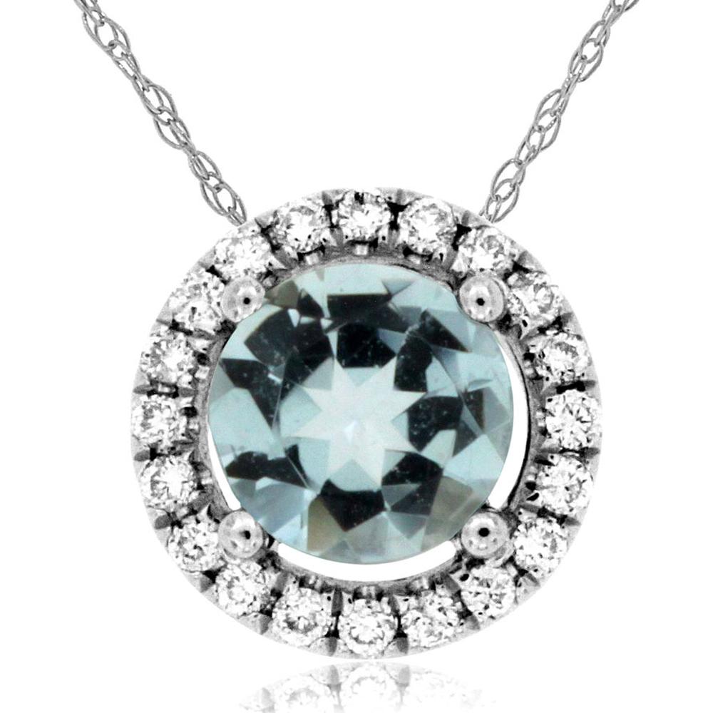 14K White Gold Round Aquamarine & Diamond Halo Pendant Necklace - 0.44 Carat Aquamarine & 0.08 Carat Total Diamond Weight - Royal Jewelry