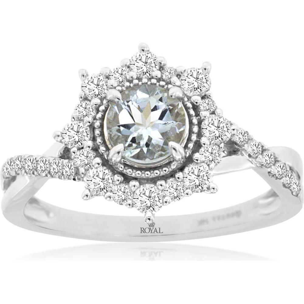 14K White Gold Round Aquamarine and Diamond Halo Ring with Split Shank - 0.45 Carat Aquamarine and 0.45 Carat Total Diamond Weight - Royal Jewelry