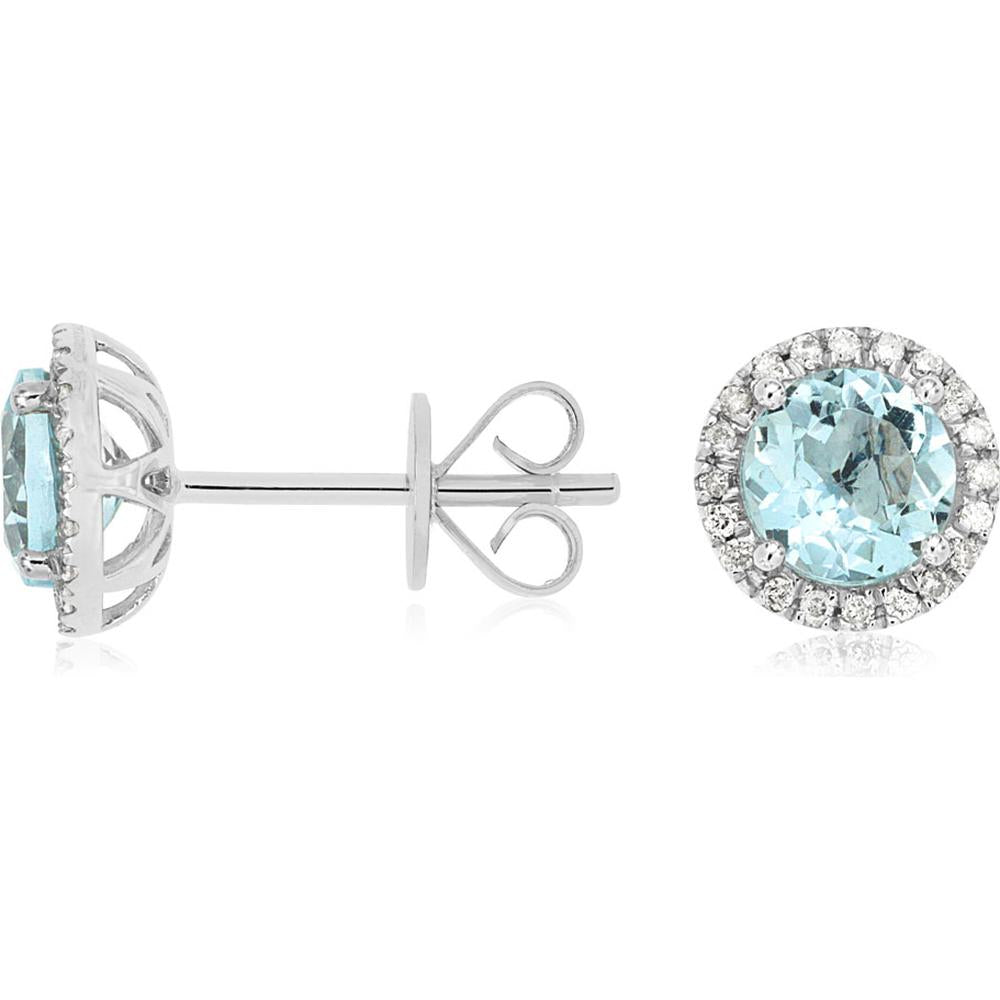 14K White Gold Round Aquamarine and Diamond Halo Stud Earrings - 1.50 Carat Total Aquamarine Weight and 0.16 Carat Total Diamond Weight - Royal Jewelry