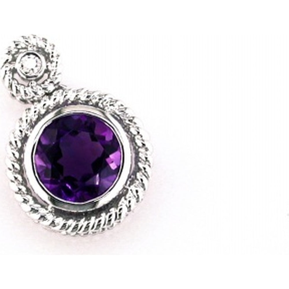 14K White Gold Round Bezel-Set Amethyst Pendant with Rope Detailing and Diamond Accent - 1.10 Carat Amethyst and 0.02 Carat Diamond - Royal Jewelry