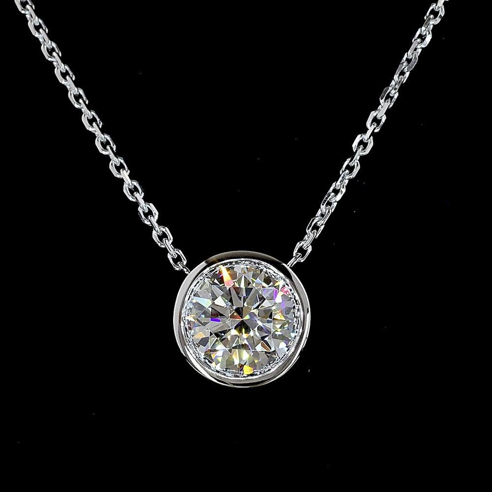 14K White Gold Round Bezel Set Solitaire Pendant with 1.54 Carat Lab Grown E VS1 Brilliant Cut Diamond - Covaloro Fine Jewelry