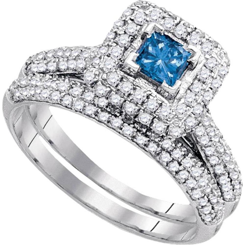 14K White Gold Round Blue Diamond Solitaire Bridal Wedding Ring Set with Princess and Round Diamonds - 1.25 Carat Total Weight
