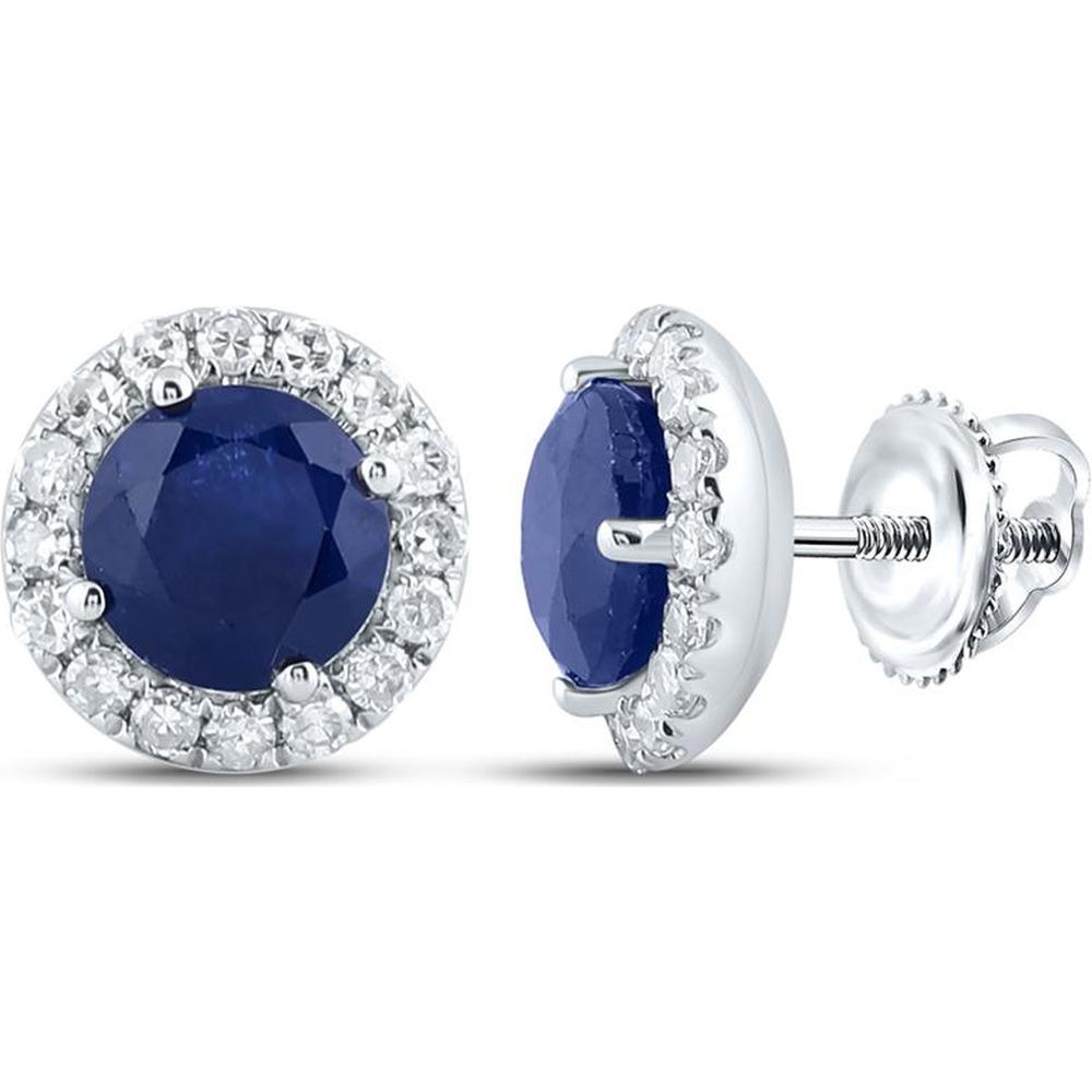 14K White Gold Round Blue Sapphire and Diamond Halo Earrings - 1.2 Carat Total Gemstone Weight