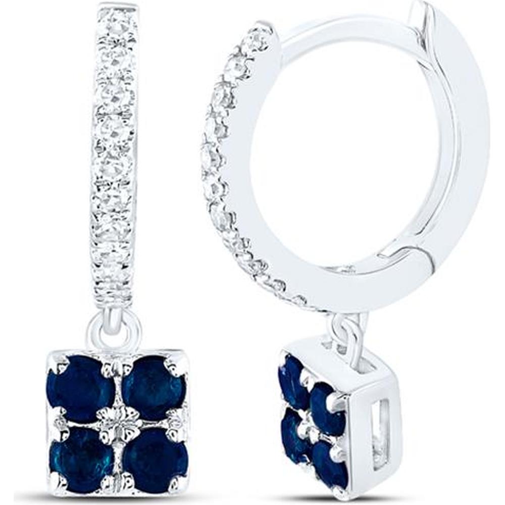 14K White Gold Round Blue Sapphire and Diamond Hoop Dangle Earrings - 1/3 Carat Total Gem Weight