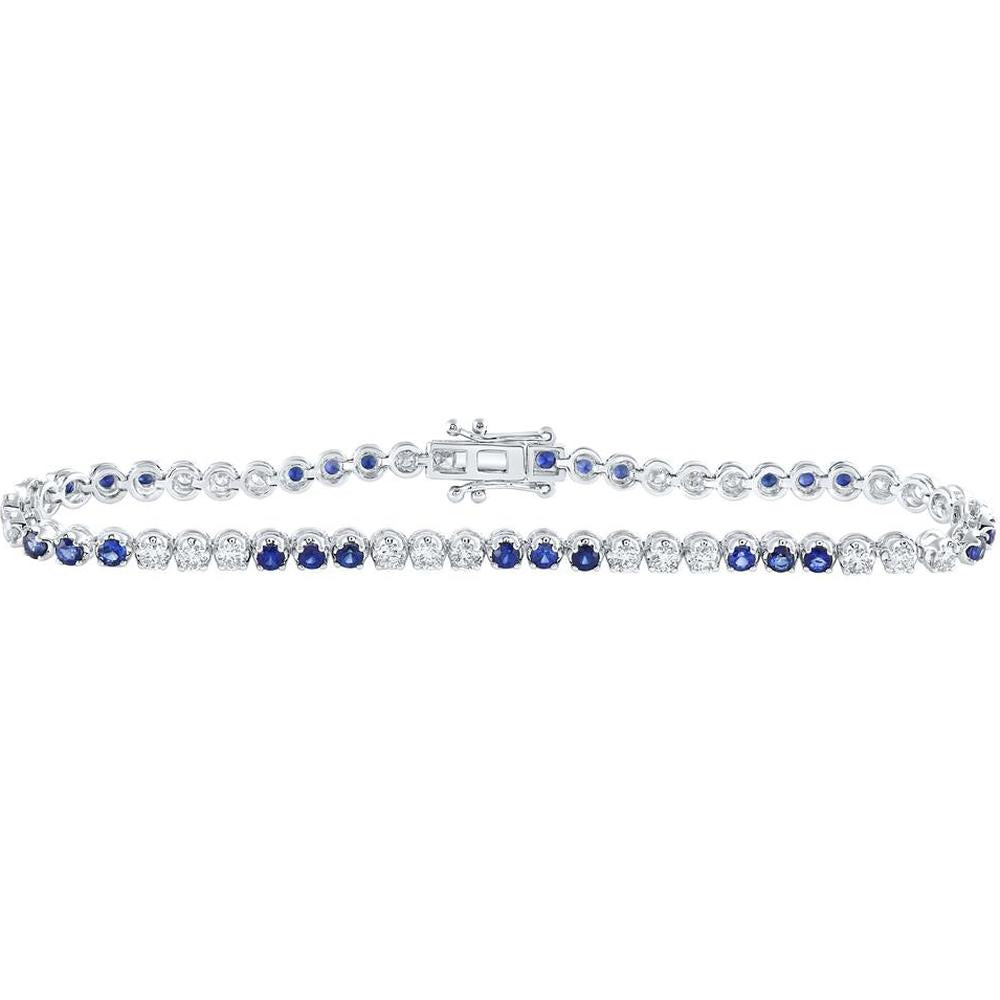 14K White Gold Round Blue Sapphire and Diamond Tennis Bracelet - 3-1/3 Carat Total Gemstone Weight