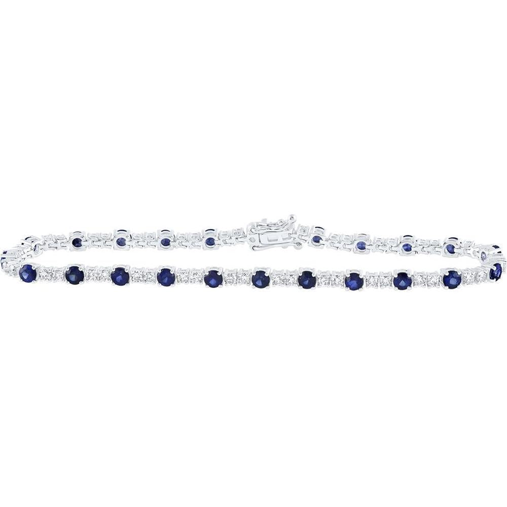 14K White Gold Round Blue Sapphire and Diamond Tennis Bracelet - 4.5 Carat Total Gemstone Weight