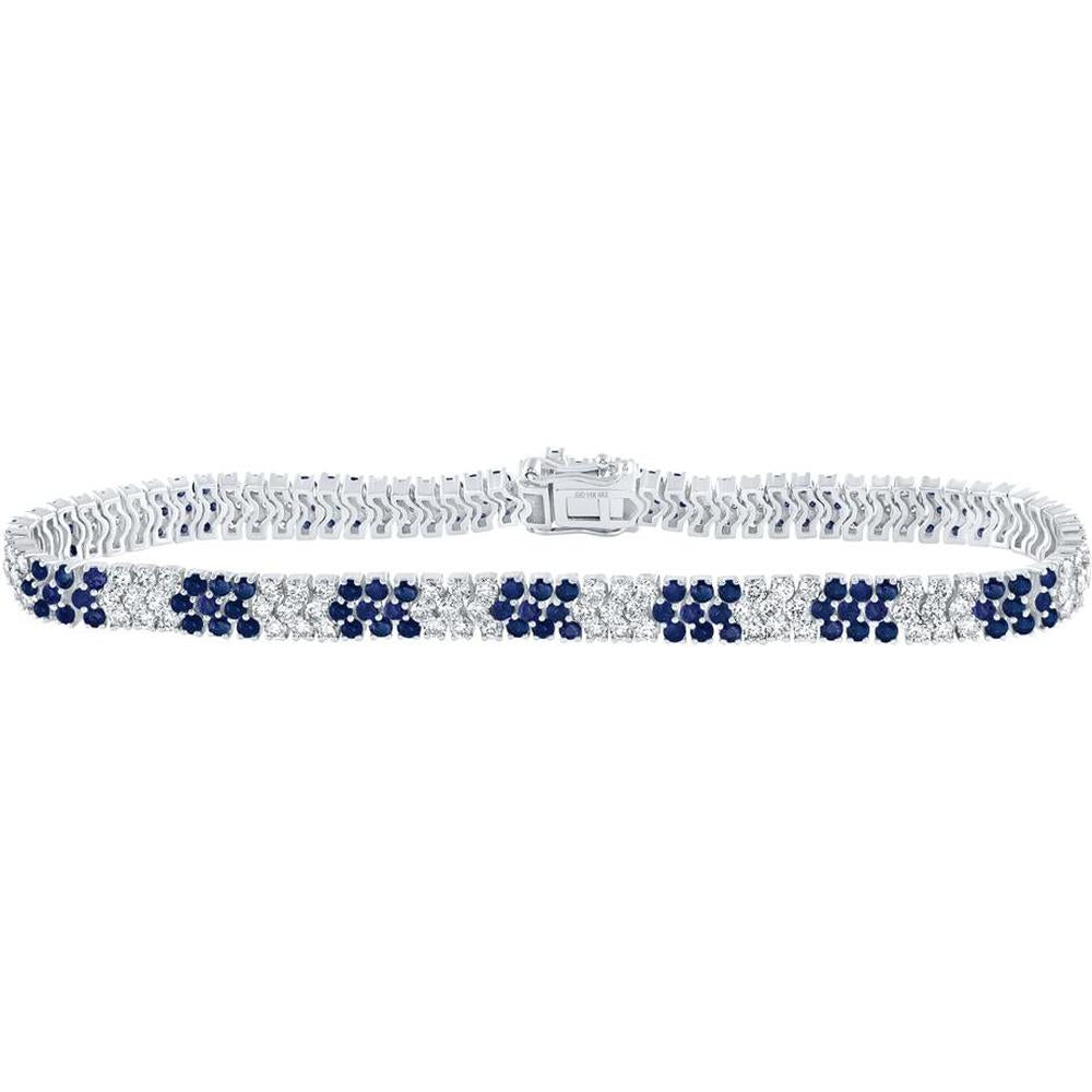 14K White Gold Round Blue Sapphire and Diamond Tennis Bracelet - 6.02 Carat Total Gemstone Weight